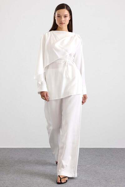Olcay Shawl Detailed Blouse Pants Set Ecru 9484-Tk