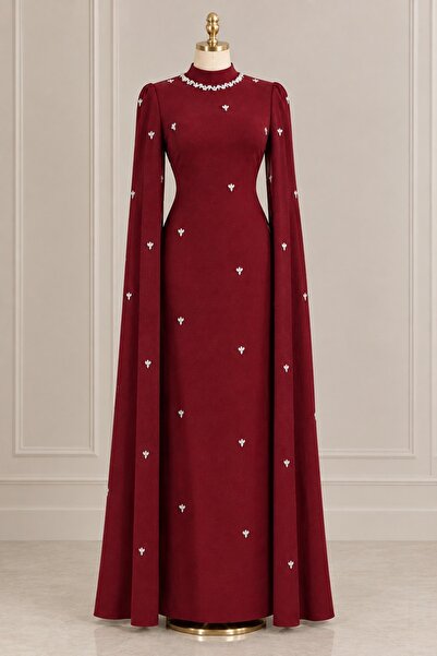 Sena Abiye Dress BORDO PELERİN TAŞLI ABİYE