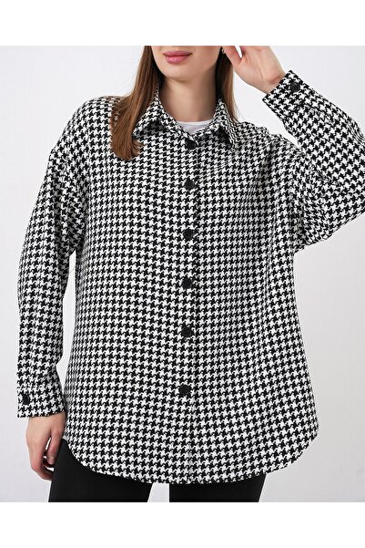 Modamorfo Women's Crowbar Pattern Oversized Shirt 3854 - Black - White