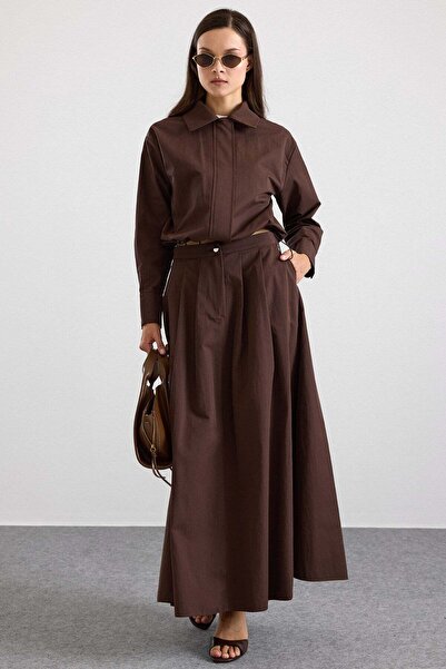 Olcay Zipper Closure Skirt Jacket Double Set Brown 9474-Tk