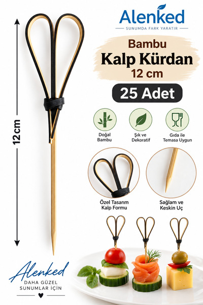 alenked Bambu Siyah Kalp Makas Kürdan 12 cm – Parti ve Davet Sunum Kürdanı 25...