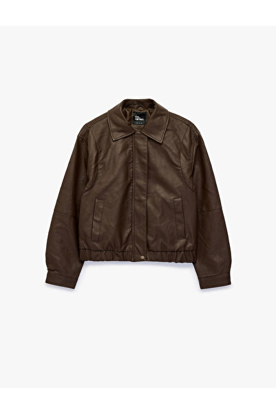 Koton Classic Collar Zipper Pocket Long Sleeve Faux Leather Bomber Jacket