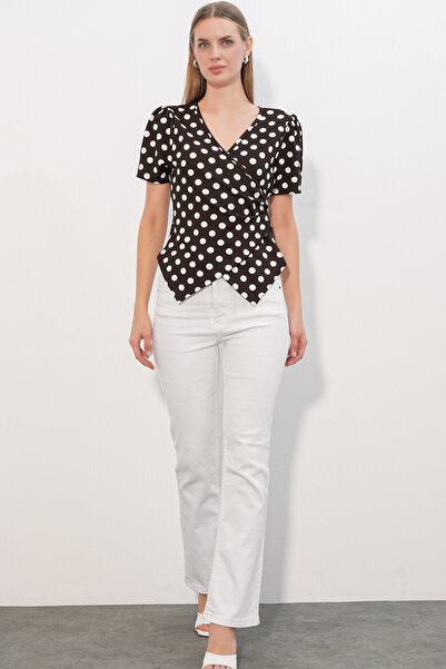 Modamorfo Women's Double-Breasted Collar Polka Dot Blouse 40027 - Brown