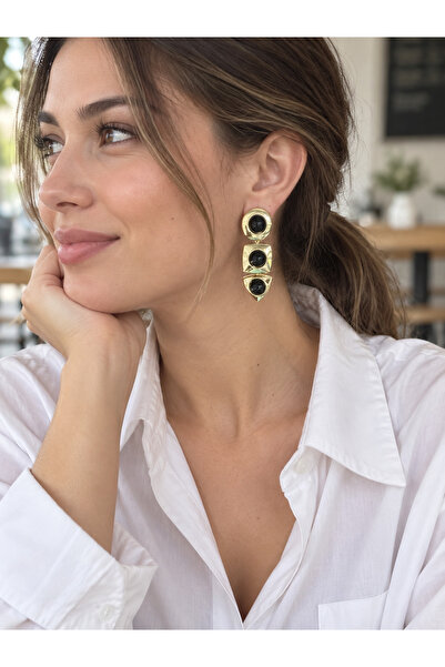 Siyah taşlı 3’lü geometrik küpe