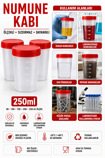 ByKurt Numune Kabı Ölçekli Şeffaf Gövdeli Kırmızı Vidalı Kapaklı 250 ml 100 Adet