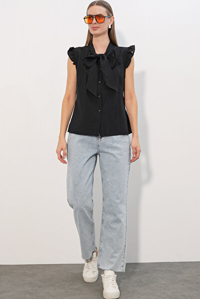 Modamorfo Women's Collar Tie Zero Sleeve Shirt 40038 - Black