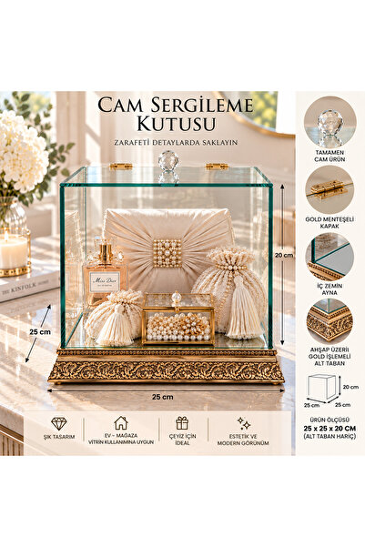 Cam Çeyiz Bohça Kutusu Gold İşlemeli 25x25x20 cm – Aynalı İç Zeminli Menteşe Kapaklı Ürün Sergileme Kutusu – Cam Fanus