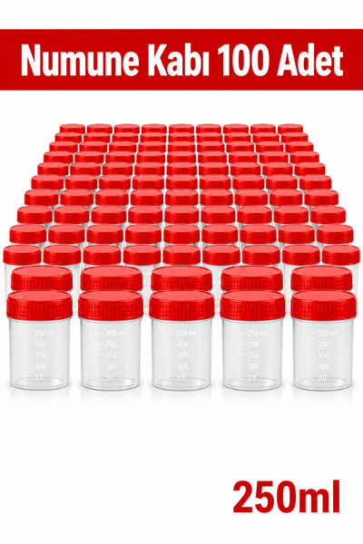 ByKurt Numune Kabı Ölçekli Şeffaf Gövdeli Kırmızı Vidalı Kapaklı 250 ml 100 Adet