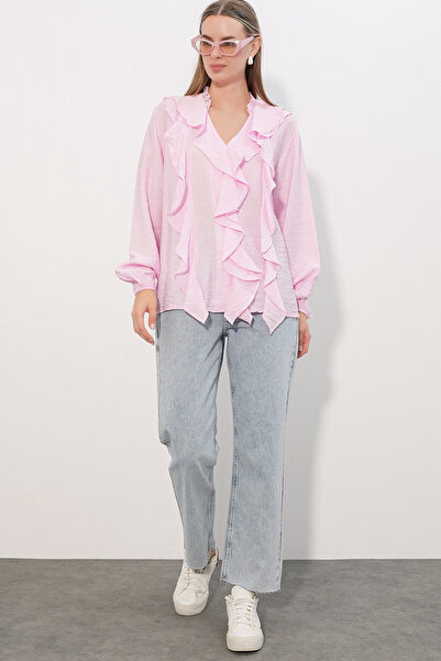 Modamorfo Women's Ruffle Detailed Long Sleeve Shirt 40031 - Pink