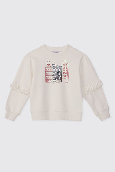 Panço Girl's Printed Ecru Sweatshirt