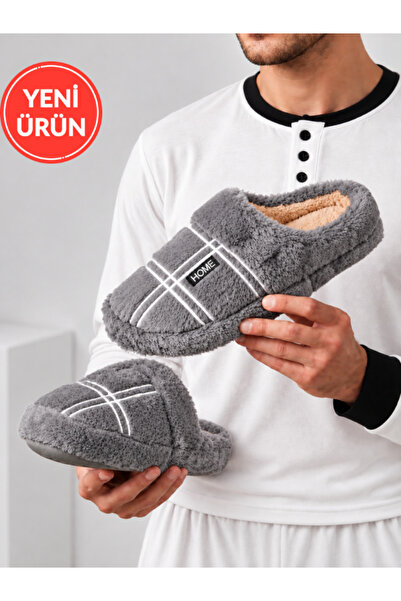 STOCON Men's Plaid Patterned Plush Gondola House Slippers Winter Closed-Toe F...