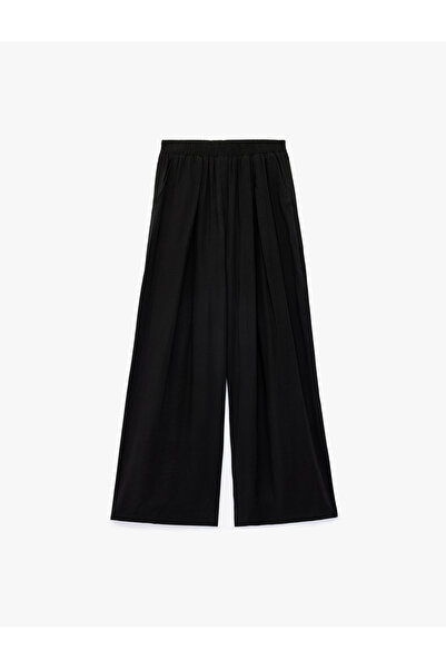 Koton Viscose Comfortable Fit Wide Leg Pleated Trousers with Elastic Waist an...