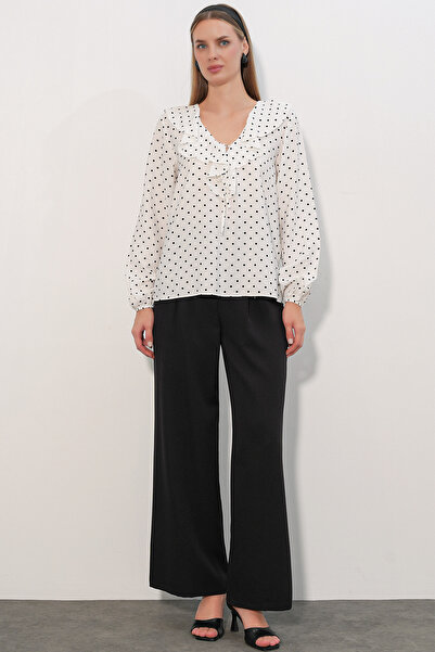Modamorfo Women's Collar Detailed Polka Dot Blouse 40034 - B.White