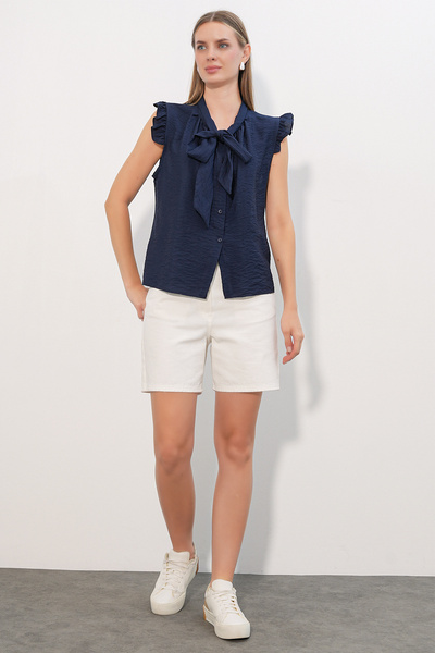 Modamorfo Women's Collared Sleeveless Shirt 40038 - Navy Blue