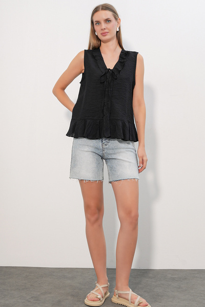 Modamorfo Women's V-Neck Ruffle Shirt with Tie Detail 40033 - Black