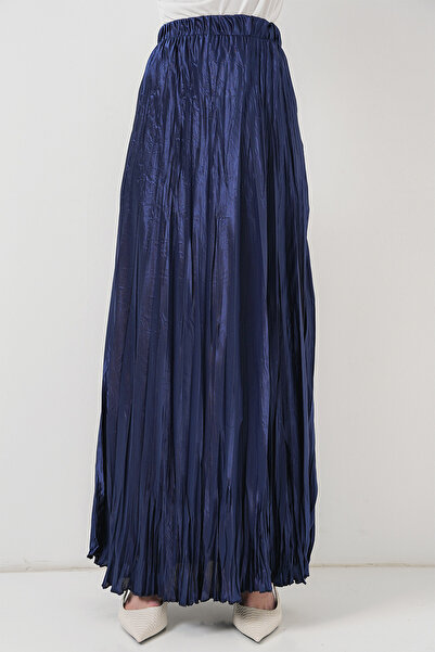 Modamorfo Women's Long Wrinkled Shiny Skirt 8034 - D.Navy Blue