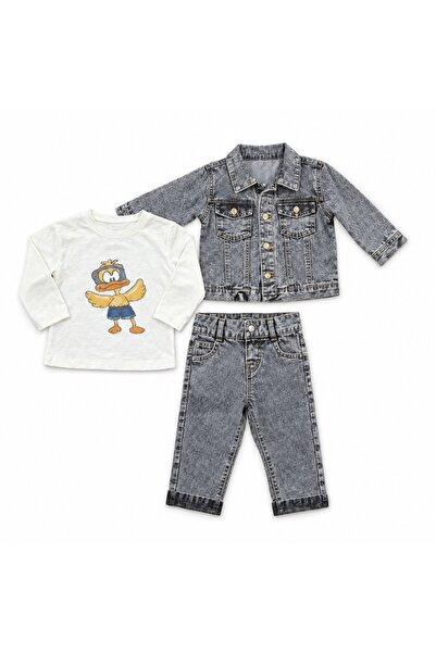 Pure Boutique Compleu baieti 3 piese cu blugi gri geaca denim si bluza din bumbac cu imprimeu