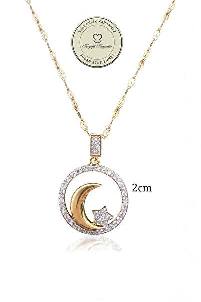 Keyifli Hayaller Çelik Kolye - 2cm Ay Yıldız Dudak Zincir 316L Çelik Kolye Kararmaz Solmaz 40+5cm