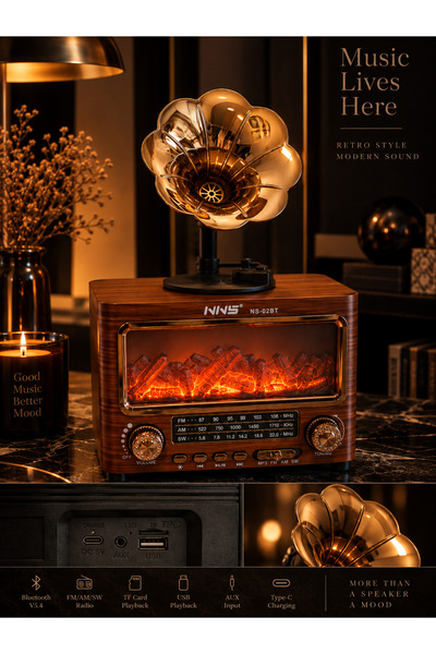 NB Concept Şömine Efektli Retro Radyo Bluetooth Hoparlör FM AM SW USB TF Kart...
