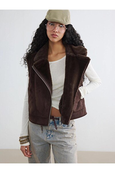 LC Waikiki Fur Collar Suede Look Women's Vest (W6)