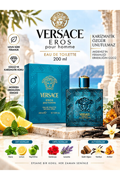 Versace Eros Eau de Toilette 200 ml – Ferah Nane, Yeşil Elma ve Sıcak Vanilya...