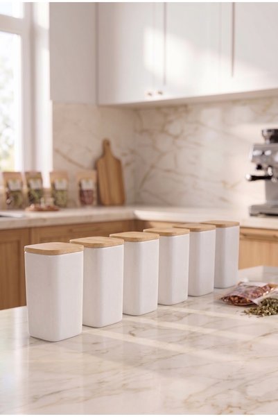 Glass&Grace 6-Piece 300 ml Vacuum Bamboo Wooden Lid White Glass-Looking Acryl...
