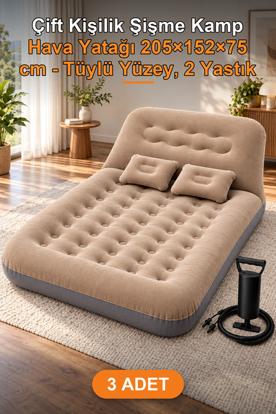 3 Adet Çift Kişilik Şişme Kamp Hava Yatağı 205×152×75 cm - Tüylü Yüzey, 2 Yastık
