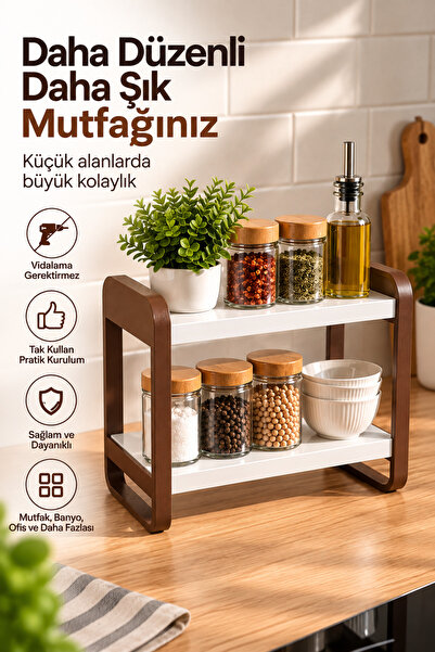 SürLaz Ahşap Mutfak Tezgah Üstü Organizer Raf 2 Katlı Kahverengi Ayaklı Vidal...