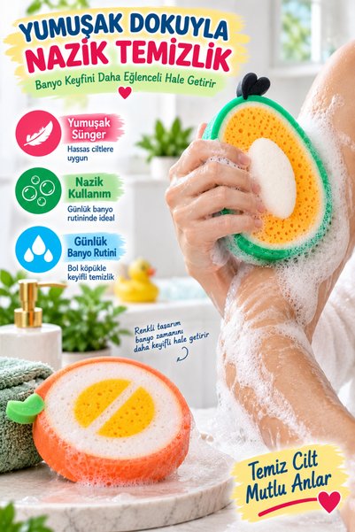 OpenCity 2-Piece Fruit Shaped Bath Sponge Avocado Peach Baby Kids Washing Shower Sponge Soft Sponge Set!