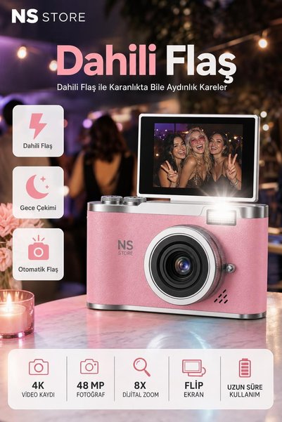NS Store 4K Ultra HD Dijital Fotoğraf Makinesi 48MP Flip Ekranlı Vlog Selfie Kamera Pembe 8X Zoom