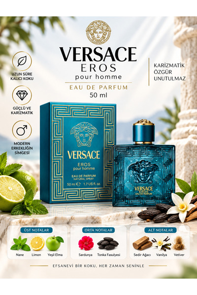 Versace Eros Pour Homme Eau de Parfum 50 ml – Aromatik, Odunsu ve Vanilyalı Y...