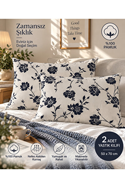 %100 Pamuk Ranforce Çiçekli 2'li Yastık Kılıfı Seti-Lacivert Çiçek