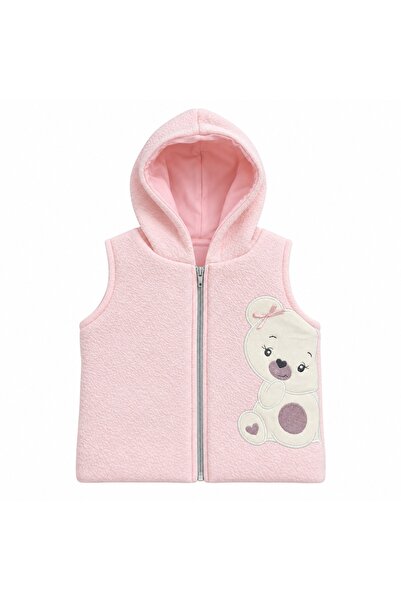 Pure Boutique Compleu fetita 3 piese ivoire cu vesta roz cu gluga si ursulet