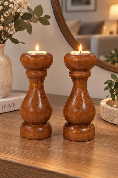 linsa Dekoratif Ahşap Mumluk 2’li Set – Tik Rengi 12,5 cm – Kayın Şamdan
