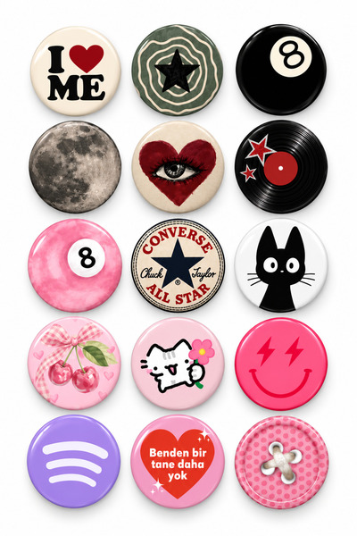15’li 44 mm Rozet Seti | Y2K Vintage Cute Pin Badge | Çanta & Kıyafet Aksesuarı | Metal İğneli Rozet | Kız Tarzı Estetik Sticker Rozet Seti