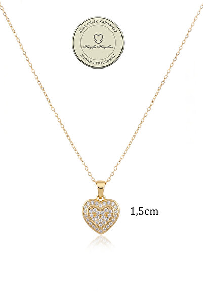 Keyifli Hayaller Çelik Kolye - 1,5cm Taşlı Kalp 316L Çelik Kolye Kararmaz Solmaz 44+5cm