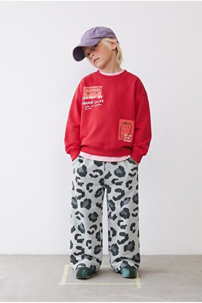 Magu Çocuk Baskılı Kırmızı Sweatshirt ve Eşofman Takımı