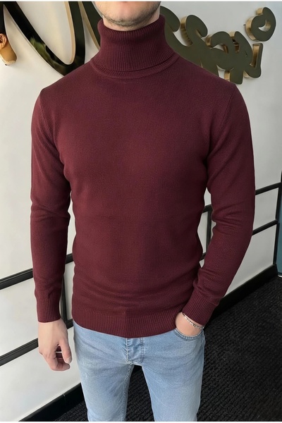A&O Style Men's Burgundy Slim Fit Turtleneck Basic Sweater
