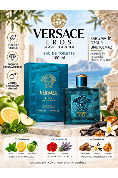 Versace Eros Eau de Toilette 100 ml – Ferah Nane, Yeşil Elma ve Sıcak Vanilya...