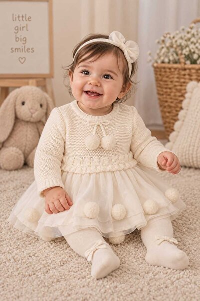 Tudekids TUDE KİDS PONPON DETAYLI ÖRME TÜLLÜ KIZ BEBEK ELBİSESİ