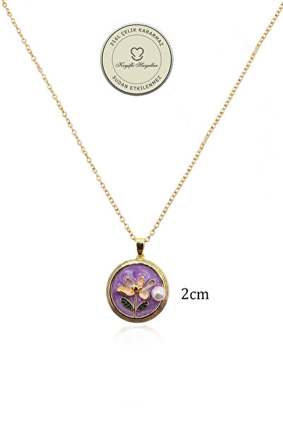 Keyifli Hayaller Çelik Kolye - 2cm İncili Mor Çiçek 316L Çelik Kolye Kararmaz Solmaz 41+5cm