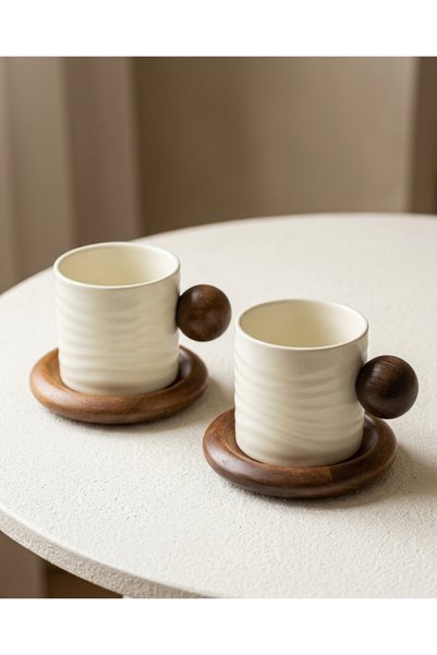 HOME MODE Nordic Ceramic Coffee Mug Set with Round Wooden Ball Handle & Sauce...