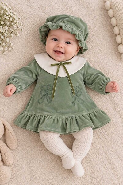 Tudekids TUDE KİDS ŞAPKALI KIZ BEBEK KADİFE ELBİSE