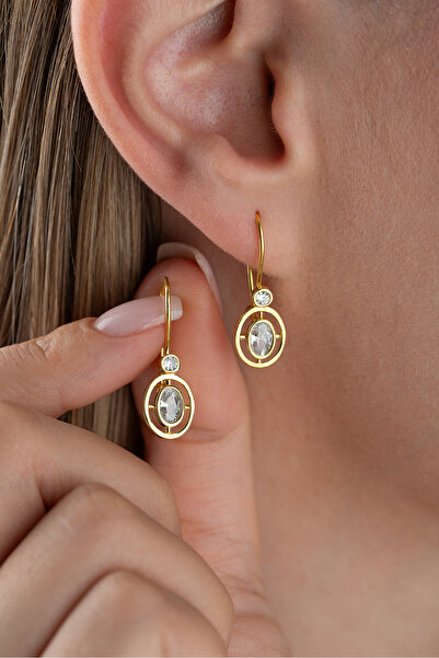 Silvano Jewelry 925 Ayar Gümüş Oval Zirkon Taşlı Sallantılı Model Küpe