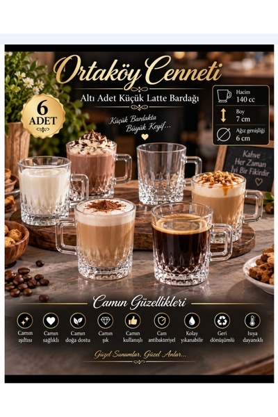 ORTAKÖYCENNETİ 6 ad Cam küçük Latte kupa Bardağı 140 cc hacim 7 cm boyu 6 cm ...