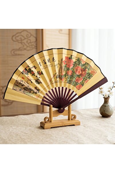 odjas Evantai Traditional Chinezesc 46 cm, Model Floral si Caligrafie, 14 Spi...