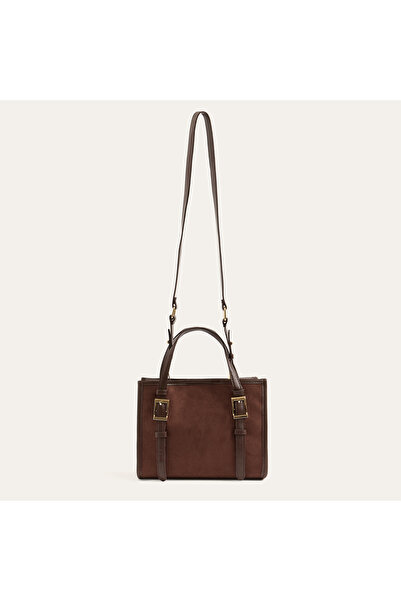 Mudo Women's Brown Suede Textured Belted Shoulder Bag