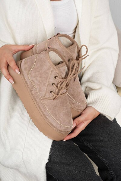 DefHeel'e Thick Sole Boots with Plush Lacing Detail Inside, Mink