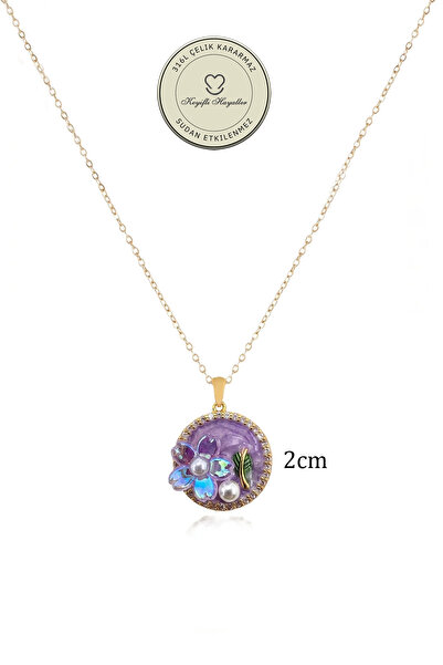 Keyifli Hayaller Çelik Kolye - 2cm İncili Mor Çiçek 316L Çelik Kolye Kararmaz Solmaz 41+5cm