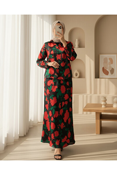 Modamorfo Women's Black Red Patterned Satin Double Suit 8018